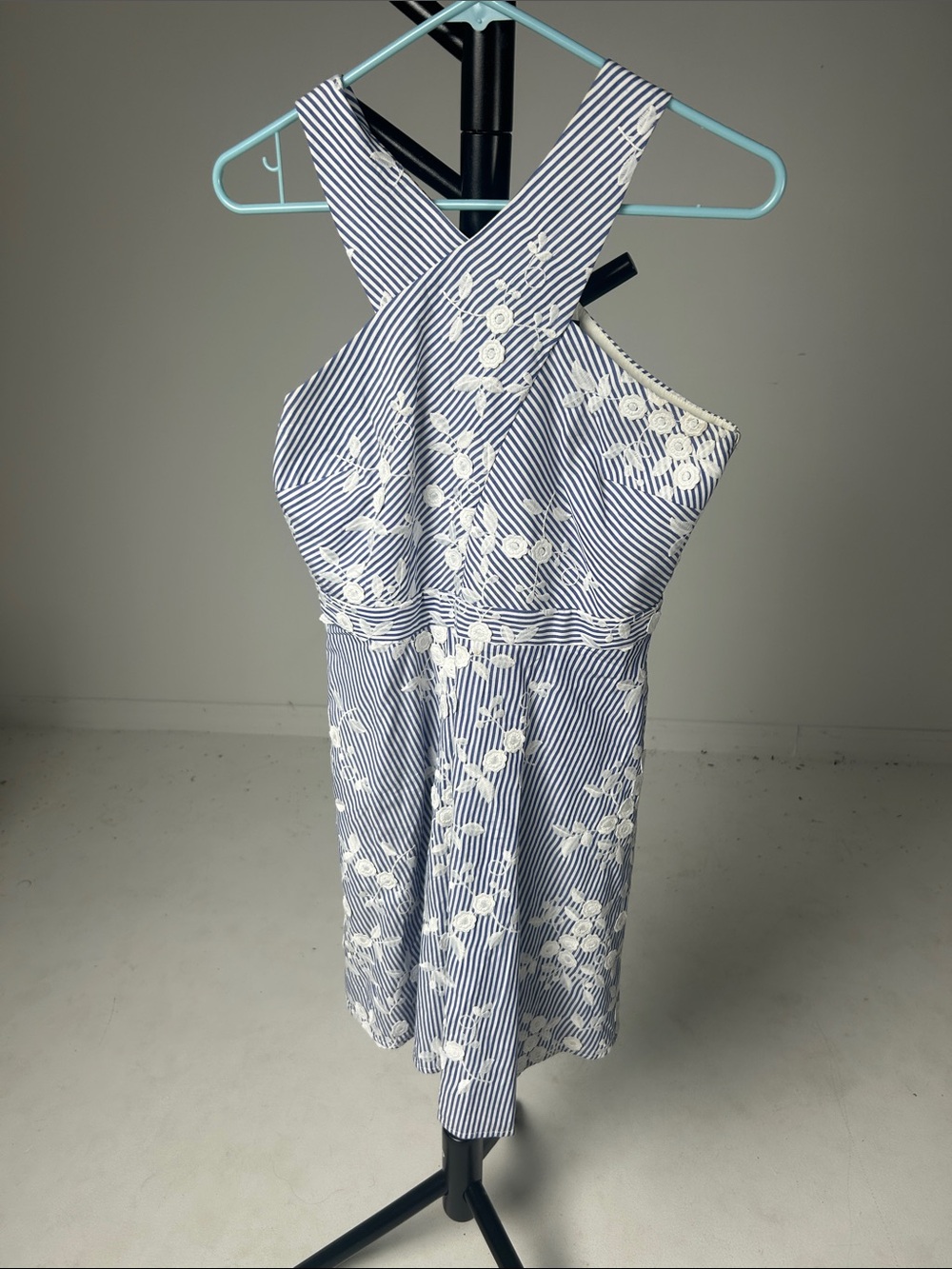 Sam Edelman Blue and White Striped Floral Cross-Back Dress